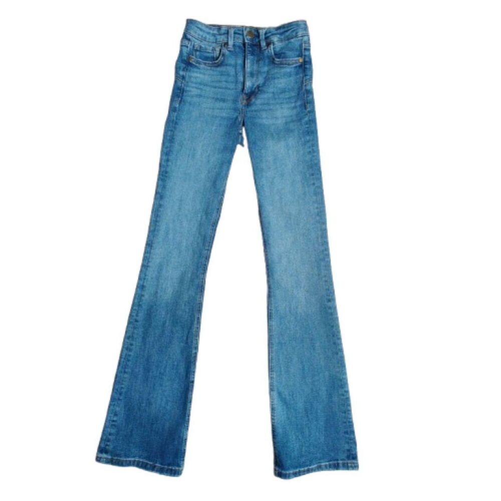 Zara Flare Leg Denim Jeans Size 0 Blue Medium Wash Stretch Bootcut High Rise